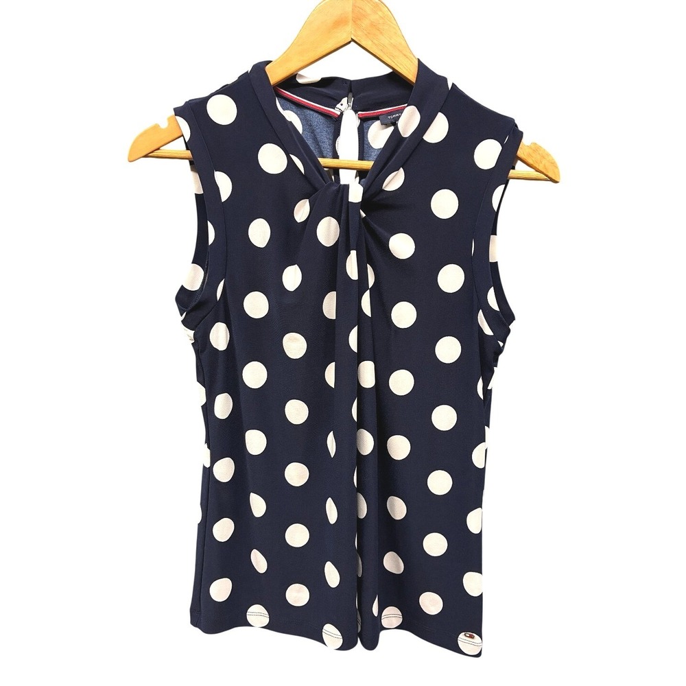 Tommy Hilfiger Blouse Polka Dot Sleeveless Women's Size Small Navy Blue V-Neck
